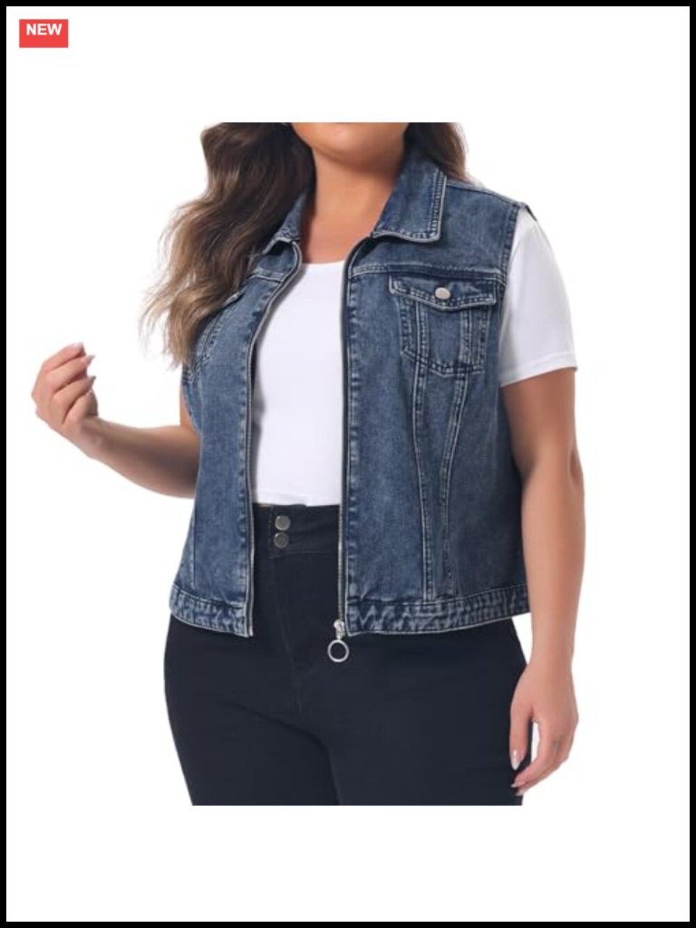 Plus Size Denim Vest Sleeveless Zip Up Button Down Waistcoat